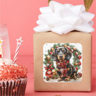 Adesivo Quadrado Dachshund com Cachecol de Festa ao lado de uma Gri