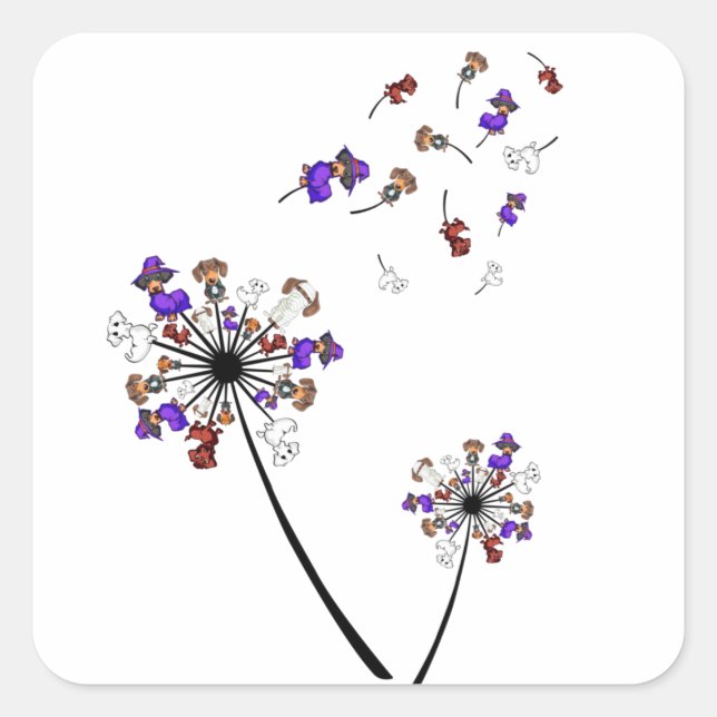 Adesivo Quadrado Dachshund Dandelion Flower Halloween Ideias (Frente)