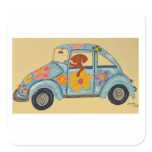 Dachshund em carro hippie