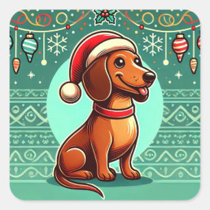 Adesivo Quadrado Dachshund Festivo Usando Chapéu de Papai Noel
