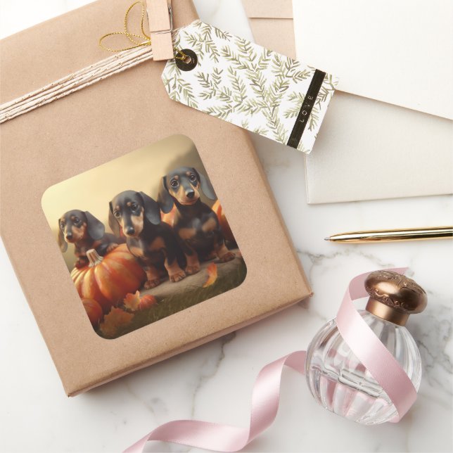 Adesivo Quadrado Dachshund Puppy Autumn Delight Pumpkin (Presentear)