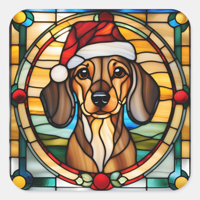 Adesivo Quadrado Dachshund Stained Glass Christmas Sticker (Frente)