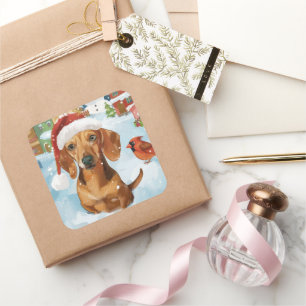 Adesivo Quadrado Dachshund Terra da Maravilha de Natal Alegria de N