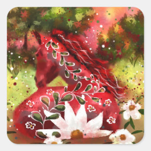 Adesivo Quadrado Daisy Horse Abstrato Art Red White Floral