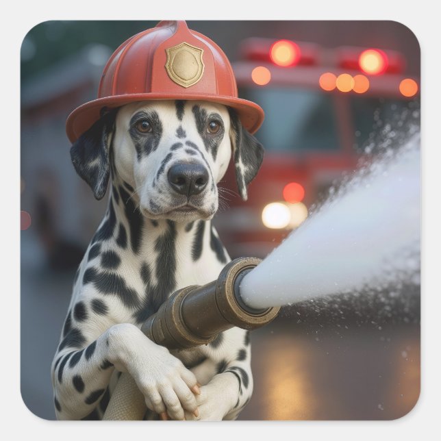 Adesivo Quadrado Dalmatian Dog With a Fire Hose (Frente)