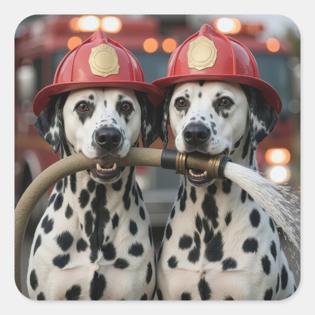 Adesivo Quadrado Dalmatian Dogs Holding a Fireman Hose (Frente)