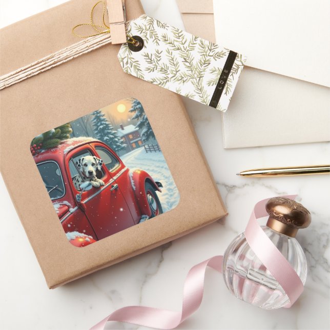 Adesivo Quadrado Dalmatian Snowy Car Ride Christmas Painting (Presentear)