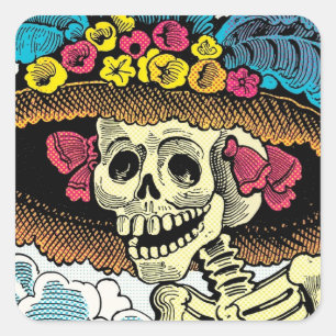 Adesivo Quadrado Dama de Crânio Açucarado com Chapéu Floral Pop Art