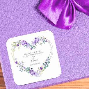 Adesivo Quadrado Dama de Honra Floral Aquarela Coração em Roxo