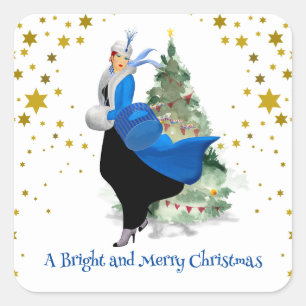 Adesivo Quadrado Dama Vintage em Azul Saudação de Natal