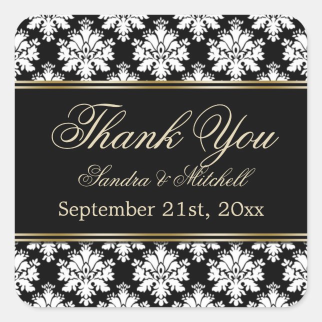 Adesivo Quadrado Damak preto e branco Obrigado (Frente)