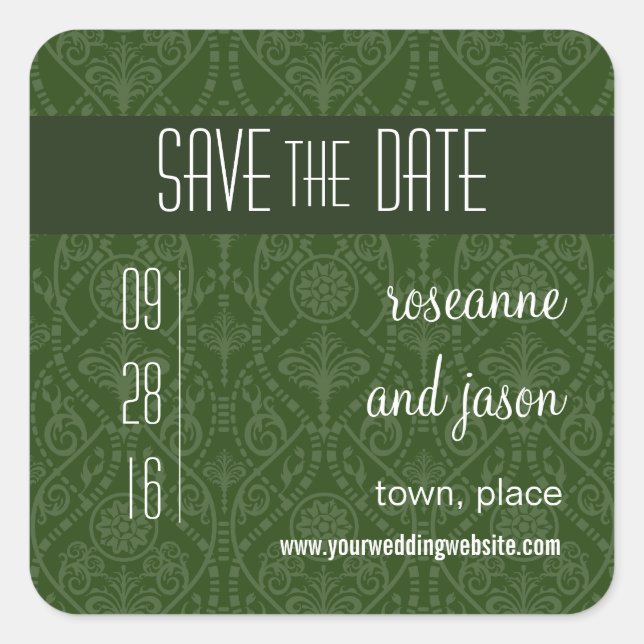 Adesivo Quadrado Damask Art Deco Save the Date Sticker (Frente)