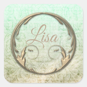 Adesivo Quadrado Damask victorian script gold elegant