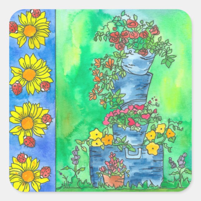 Adesivo Quadrado Damybugs Baldes sunflores de aquarela (Frente)