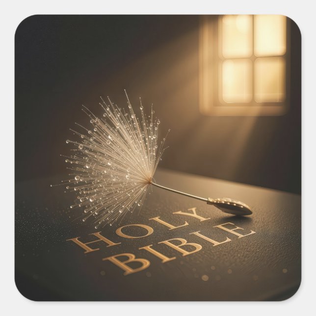 Adesivo Quadrado Dandelion Seedling with Water Droplets on a Bible  (Frente)