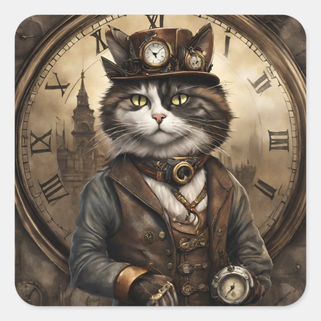 Adesivo Quadrado Dapper Steampunk Calico Cat (Frente)