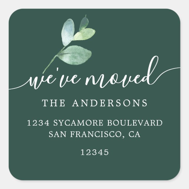 Adesivo Quadrado Dark Green Eucalyptus We’ve Moved New Address (Frente)