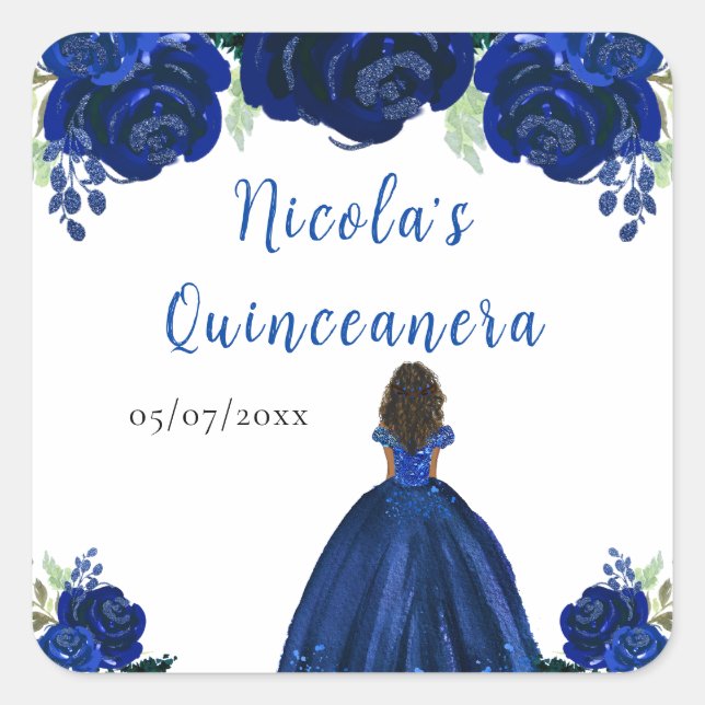 Adesivo Quadrado Dark Skin Princess Navy Floral Quinceanera (Frente)