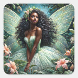 Adesivo Quadrado Dark-Skinned Fairy In Mint Green Botanical