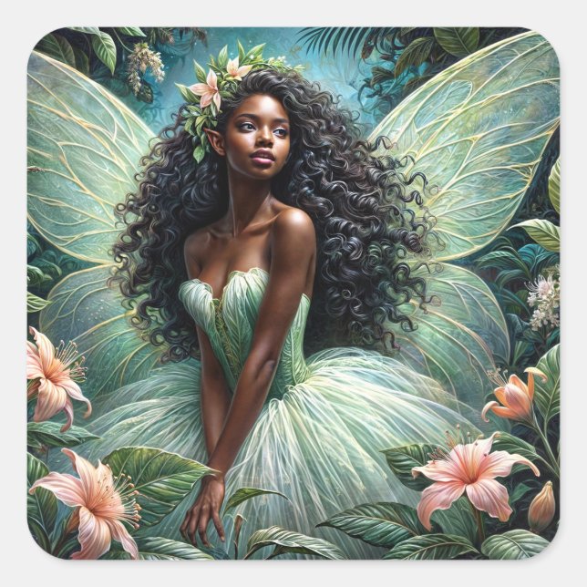 Adesivo Quadrado Dark-Skinned Fairy In Mint Green Botanical (Frente)