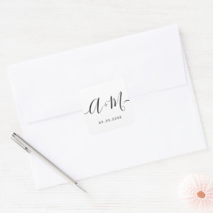 Adesivo Quadrado Data de Casamento Personalizada de Script Monogram
