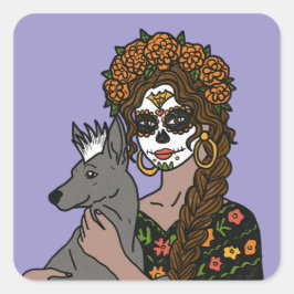 Adesivo Quadrado Day of the Dead Marigold and Xolo Dog Stickers