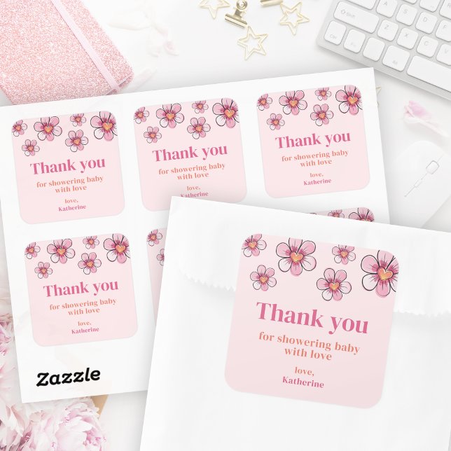 Adesivo Quadrado de Agradecimento para Chá de Bebê (Pink Daisy Baby Shower Square Thank You Sticker)