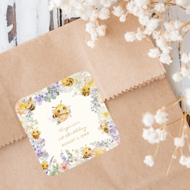Adesivo Quadrado de Aniversário da Abelha (Bee Birthday Square Sticker
)