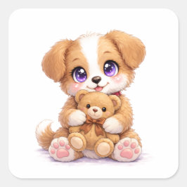 Adesivo Quadrado de Cachorrinho Fofo Segurando Urs