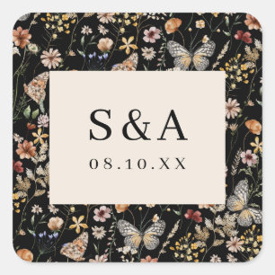 Adesivo Quadrado de Casamento Floral Boho Preto