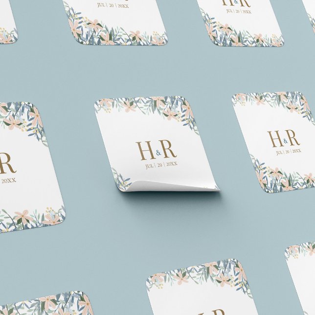 Adesivo Quadrado de Data de Casamento com Monogram (Criador carregado)