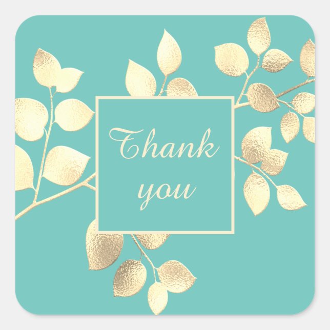 Adesivo quadrado de folhas douradas verdes românti (Frente)