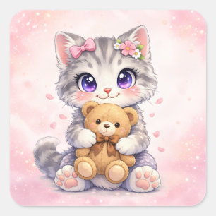 Adesivo Quadrado de Gatinho Fofo Abraçando Urso de