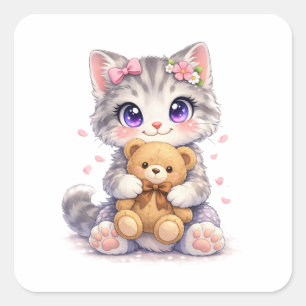 Adesivo Quadrado de Gatinho Fofo Abraçando Urso de