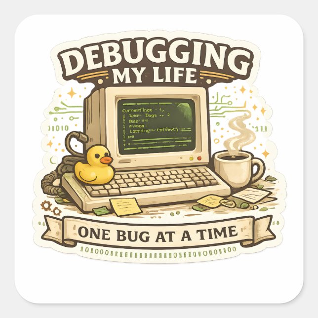 Adesivo Quadrado Debugging My Life Funny Programmer Sticker coding (Frente)
