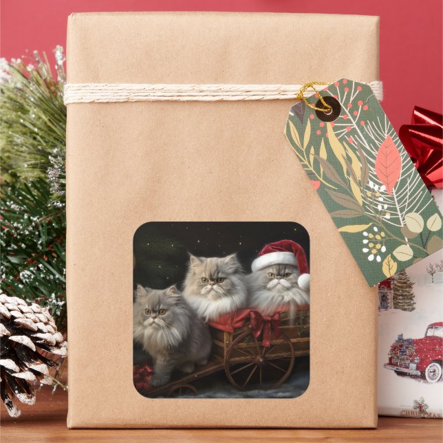 Adesivo Quadrado Decado de Natal de Gato Persa Snowy Sleigh (Feriado)