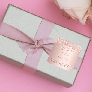 Adesivo Quadrado Décimo aniversário, blush rosa dourado glitter nom
