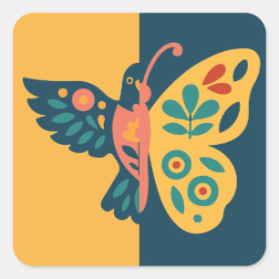 Adesivo Quadrado Decoração de borboleta colorida com elementos flor