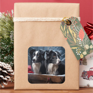 Adesivo Quadrado Decoração de Natal Border Collie Snowy Sleigh