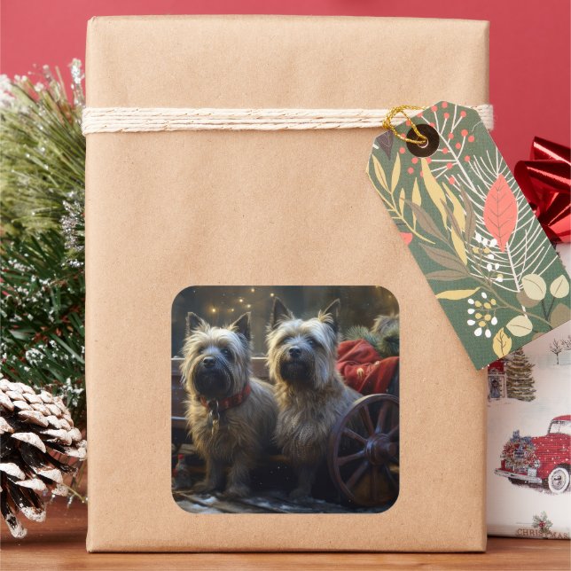 Adesivo Quadrado Decoração de Natal Cairn Terrier Snowy Sleigh (Feriado)