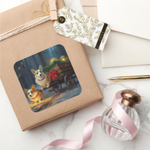 Adesivo Quadrado Decoração de Natal de Corgi Snowy Sleigh