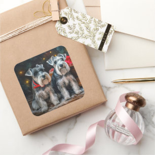 Adesivo Quadrado Decoração de Natal de Schnauzer Snowy Sleigh