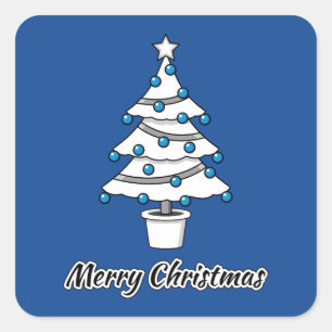 Adesivo Quadrado Decorações Azuis da Árvore de Natal Branco - Feliz