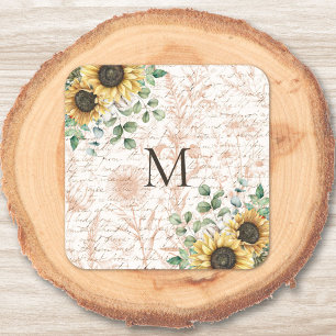 Adesivo Quadrado Decoupage de Girassol Rústico Vintage Monogramado