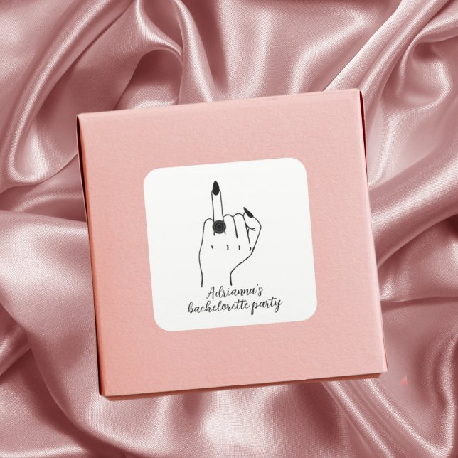 Adesivo Quadrado Dedo do Anel da Festa de solteira Moderna Engraçad (Funny Modern Bachelorette Party Bride Ring Finger Square Sticker)