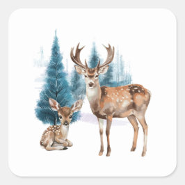 Adesivo Quadrado Deer and doe with snowy pine tree