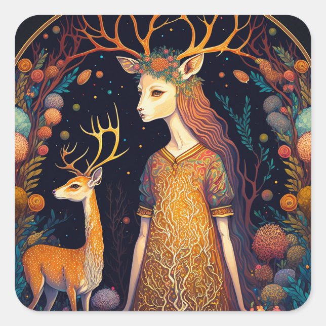 Adesivo Quadrado Deer Lady Fantasy Art Square Sticker (Frente)