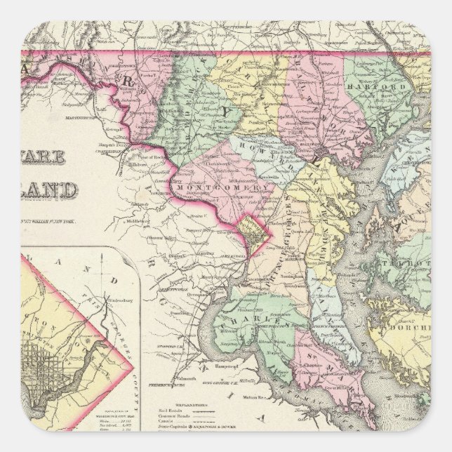 Adesivo Quadrado Delaware e Maryland com Distrito de Columbia (Frente)
