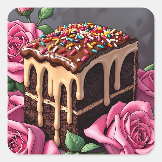 Adesivo Quadrado Delicioso Bolo de Aniversário de Chocolate com Con (Frente)