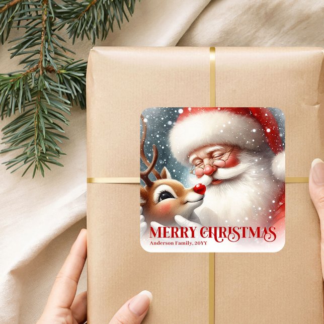 Adesivo Quadrado Delightful Personalized Santa and Rudolph Holiday  (Delightful Personalized Santa and Rudolph Holiday Sticker)